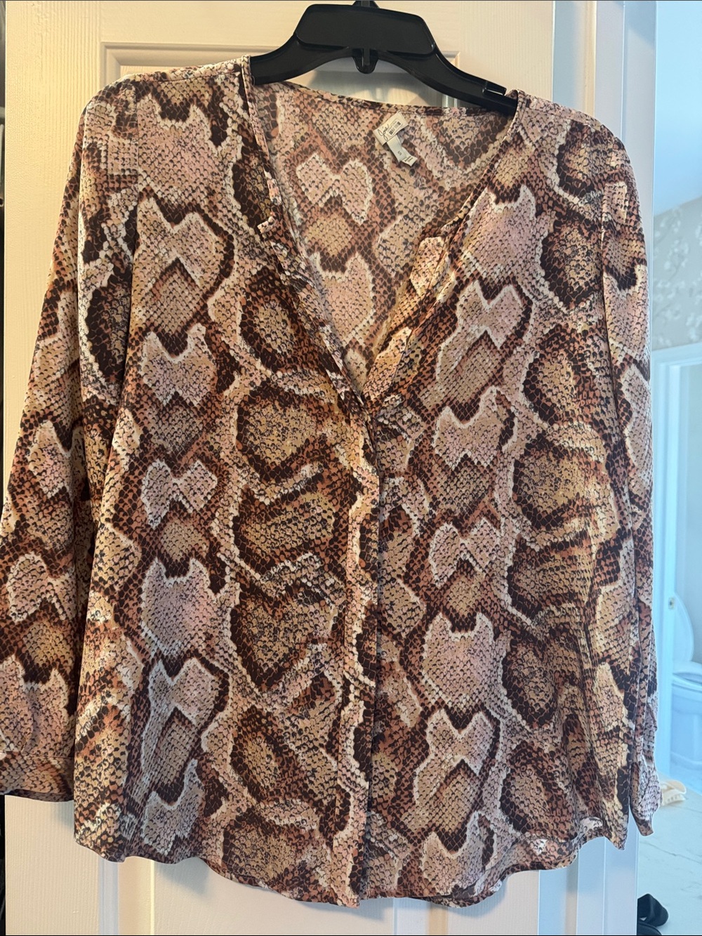 Joie Pink and Brown Snake-Print V-Neck Blouse